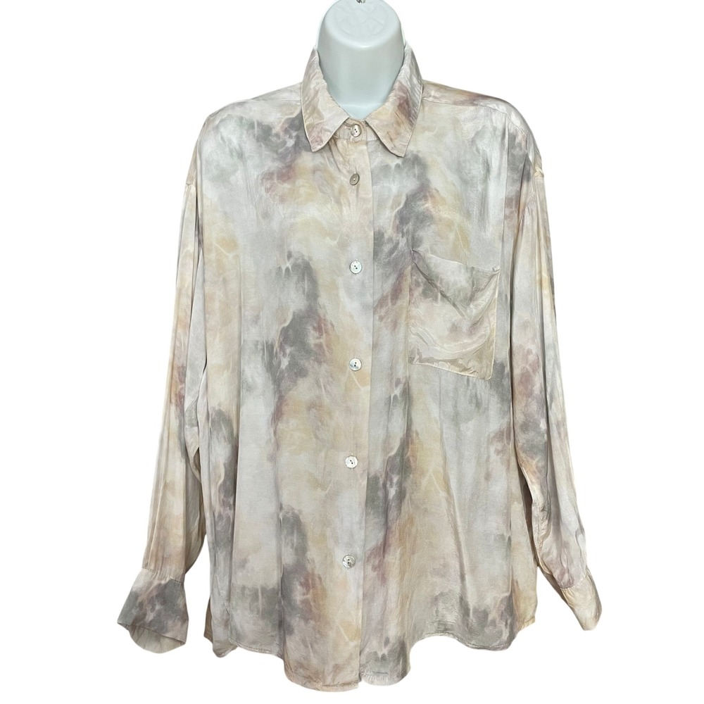 Grade & Gather Top Watercolor Marble Print Button Down Shirt Medium Blouse